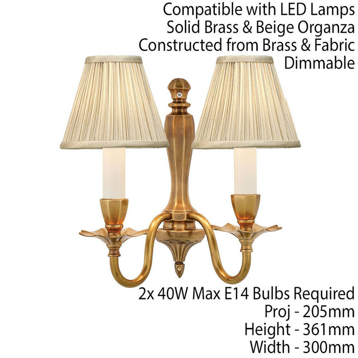Luxury Traditional Twin Wall Light Solid Brass & Pleated Beige Shade Dimmable Loops