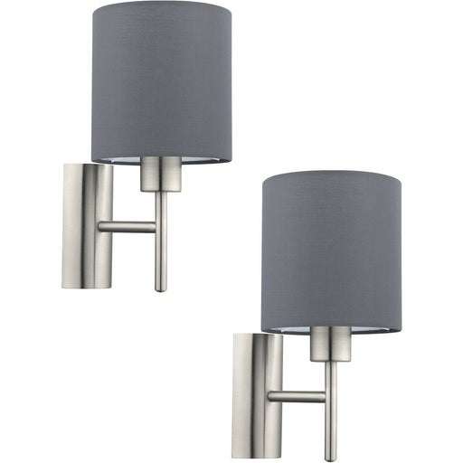 2 PACK Wall Light Colour Satin Nickel Shade Grey Fabric Rocker Switch E27 1x60W Loops