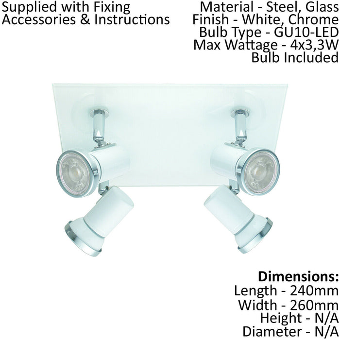 Wall Flush Ceiling Light IP44 Bathroom Colour White Chrome Bulb GU10 4x3.3W Incl Loops
