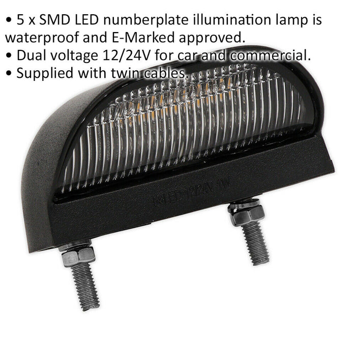 Dual Voltage Numberplate Lamp - 5 x SMD LED - 12V/24V - Waterproof - E-Approved Loops