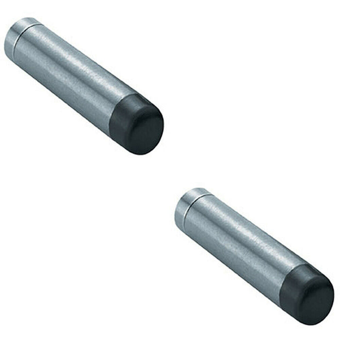 2x Wall Mounted Doorstop Cylinder with Rubber Tip 74 x 16mm Satin Steel Loops