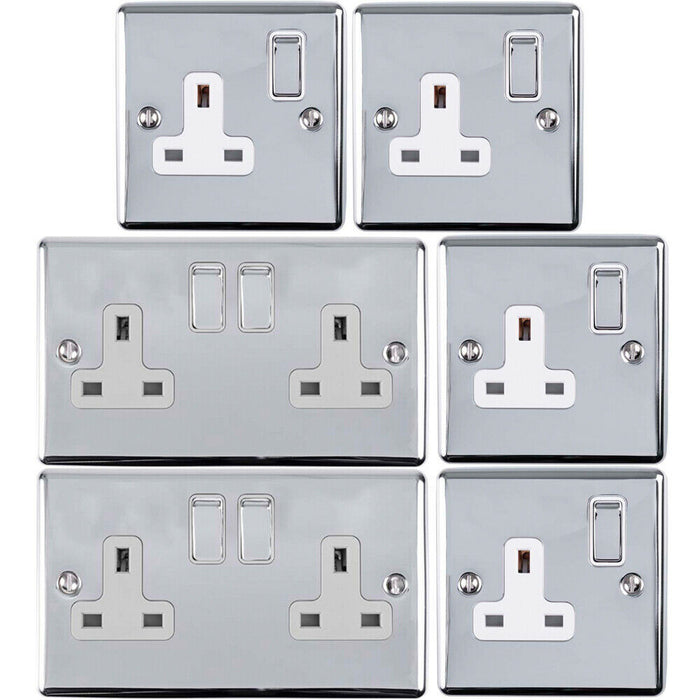 UK Plug Socket Pack -2x Twin & 4x Single Gang- CHROME / Grey 13A Switched Loops