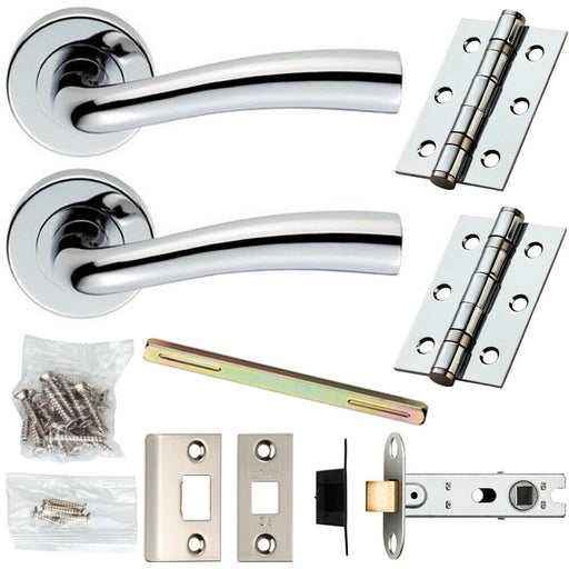 Door Handle & Latch Pack Chrome Modern Curved Flared Bar Screwless Round Rose Loops