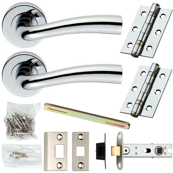 Door Handle & Latch Pack Chrome Modern Curved Flared Bar Screwless Round Rose Loops