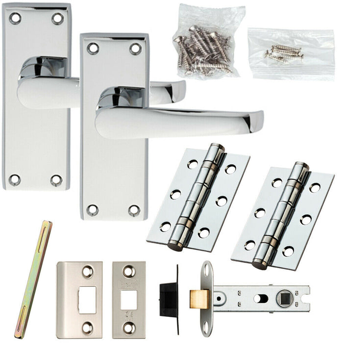 Door Handle & Latch Pack Chrome Straight Lever on Square Backplate 118 x 42mm Loops