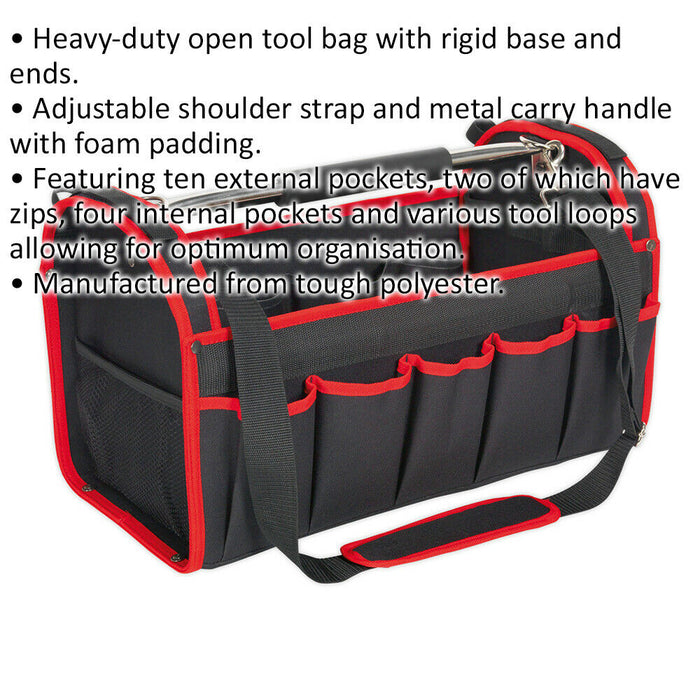 500 x 250 x 295mm Open Tool Bag - RED Multiple Pocket Rigid Base & Carry Handle Loops