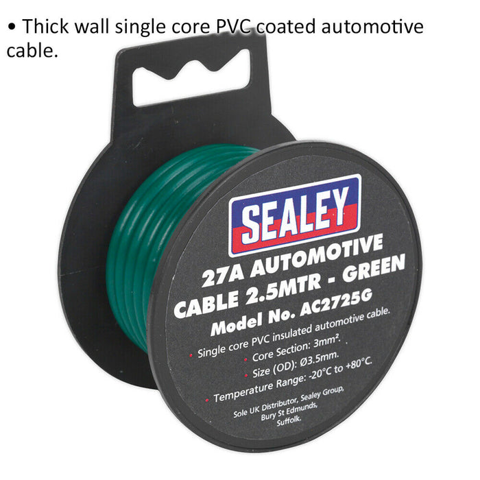 Green 27A Thick Wall Automotive Cable - 2.5m Reel - Single Core - PVC Insulated Loops