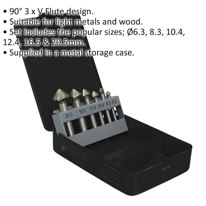 6 Piece 90 Degree Countersink Bit Set - 3 x V Flute Design - 6.3mm to 20.5mm Loops