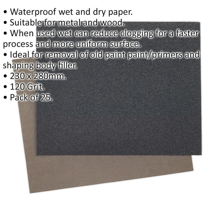 25 PACK Wet & Dry Abrasive Sand Paper - 230 x 280mm - 120 Grit - Waterproof Loops