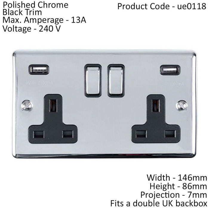 2 Gang Single UK Plug Socket & Dual 2.1A USB CHROME & Black 13A Switched Loops