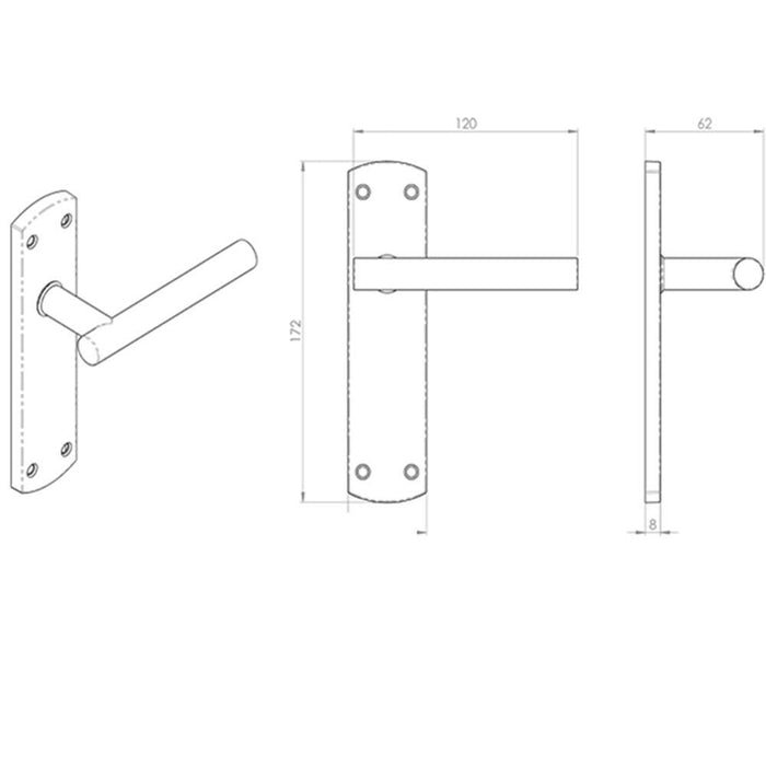2x Mitred T Bar Lever Door Handle on Latch Backplate 172 x 44mm Polished Steel Loops
