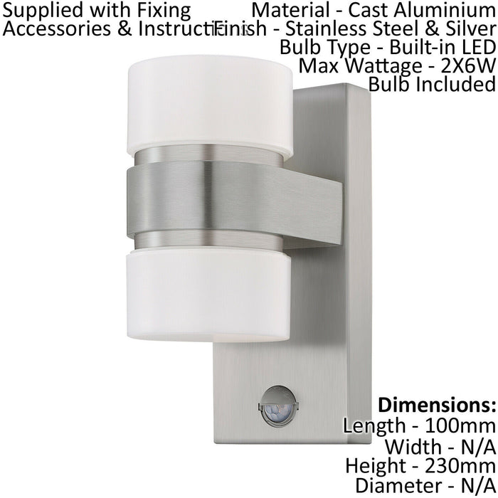 2 PACK IP44 Outdoor Wall Light & PIR Sensor Stainless Steel & Silver 6W LED Loops