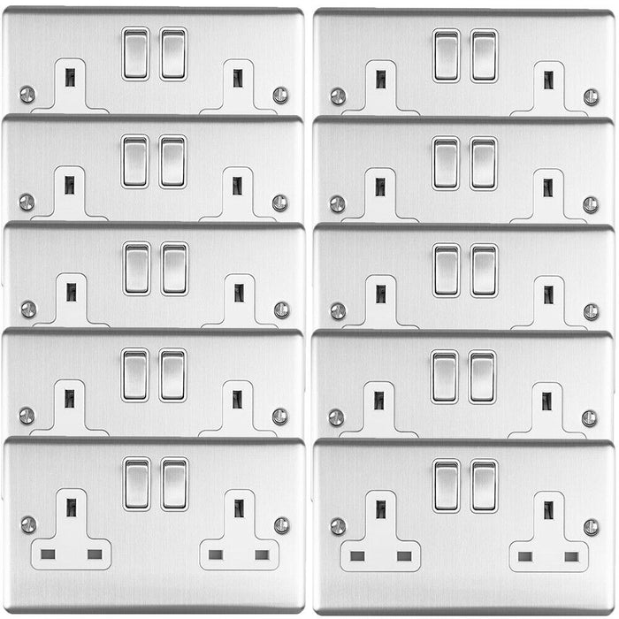 10 PACK 2 Gang Double UK Plug Socket SATIN STEEL & White 13A Switched Outlet Loops