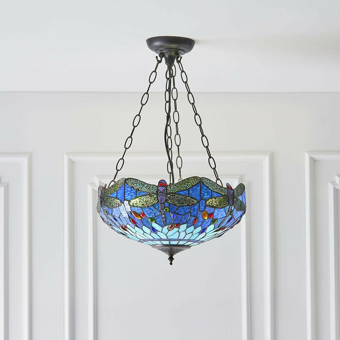 Tiffany Glass Hanging Ceiling Pendant Light Blue Dragonfly 3 Lamp Shade i00108 Loops