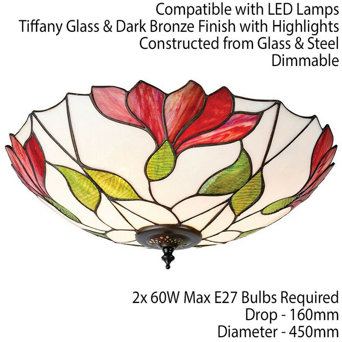 Tiffany Glass Semi Flush Ceiling Light Red Flower Round Inverted Shade i00035 Loops