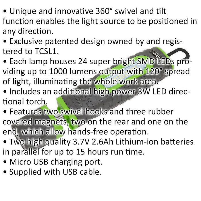 360° Swivel Inspection Light - 24 SMD & 3W SMD LED - Rechargeable - Green Loops