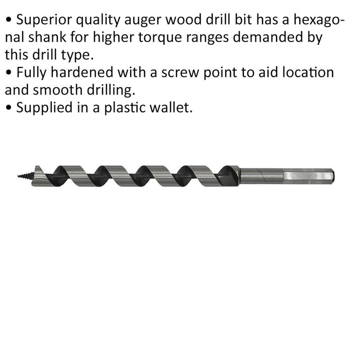 16 x 235mm Hardened Auger Wood Drill Bit - Hexagonal Shank - Woodwork Timber Loops