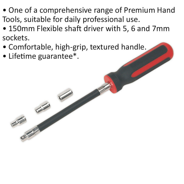 4 Piece Flexible Hose Clip Nut Driver Set - 150mm Shaft - 5mm 6mm & 7mm Sockets Loops