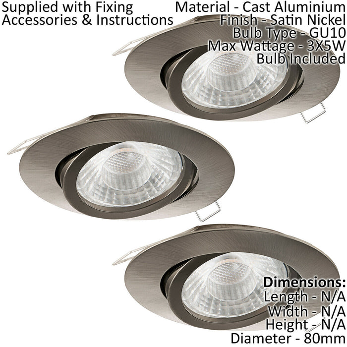 3 PACK Adjustable Ceiling Downlight Satin Nickel Cast Aluminium 5W GU10 Bulb Loops