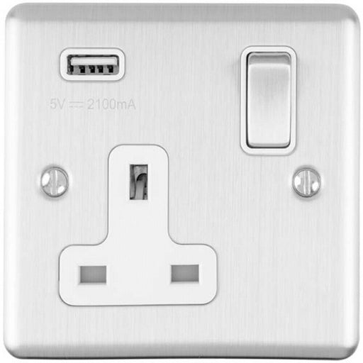 1 Gang Single UK Plug Socket & 2.1A USB Charger SATIN STEEL & White 13A Switched Loops
