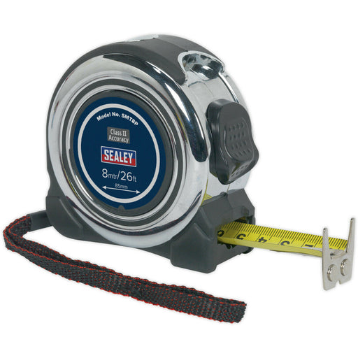 8m Professional Tape Measure - Rubberised Chrome Body - Metric & Imperial Loops
