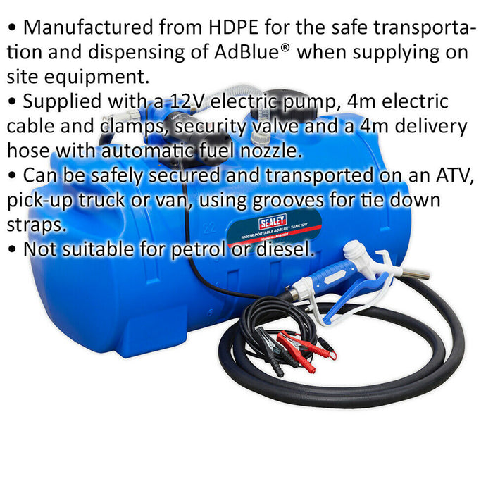 100L Portable AdBlue Tank - 12V Electric Pump - Automatic Fuel Nozzle - HDPE Loops