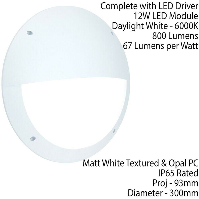 IP65 Outdoor Round Wall Ceiling Lamp Matt White Eyelid Bulkhead 12W Daylight LED Loops