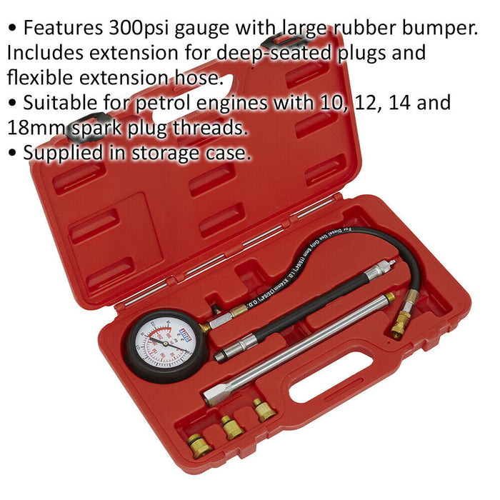 6 Piece Petrol Engine Compression Tester - 300psi Gauge - Flexible Extension Loops