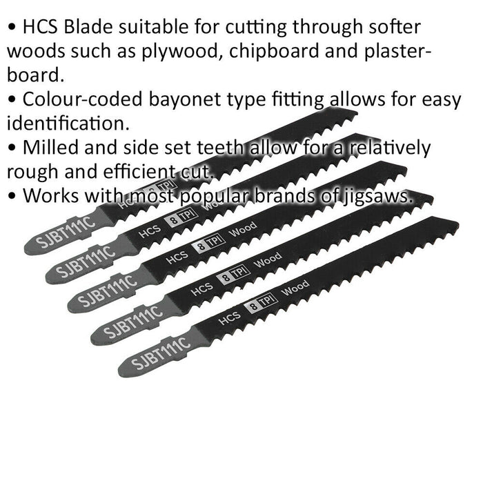 5 PACK - 100mm WOOD Jigsaw Blade Set - 8 TPI - Ground Taper Precision Cut Loops