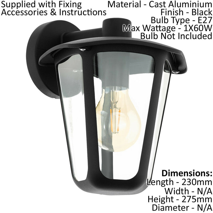 IP44 Outdoor Wall Light Black Glass Lantern 1x 60W E27 Bulb Porch Lamp Down Loops