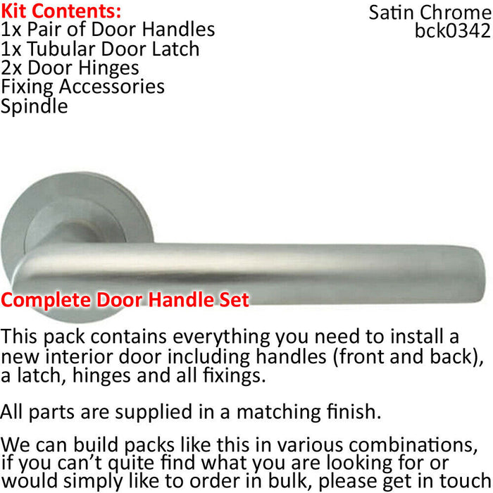 Door Handle & Latch Pack Satin Chrome Modern Mitred Lever Screwless Round Rose Loops