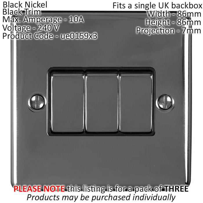 3 PACK 3 Gang Metal Triple Light Switch BLACK NICKEL 2 Way 10A Black Trim Loops