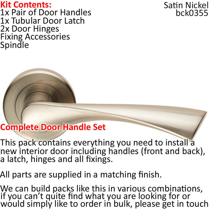 Door Handle & Latch Pack Satin Nickel Angled Twist Lever Screwless Round Rose Loops