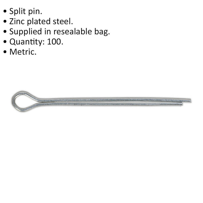 100x Split-Pins Pack - 2.8mm x 38mm Metric - Split Cotter Pin Zinc Plated Steel Loops