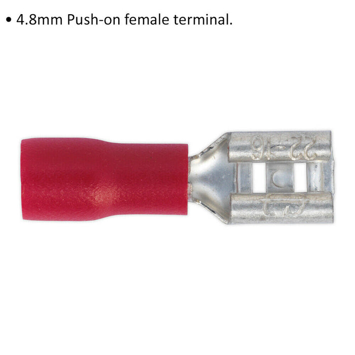 100 PACK 4.8mm Push-On Female Terminal - Suitable for 22 to 18 AWG Cable - Red Loops