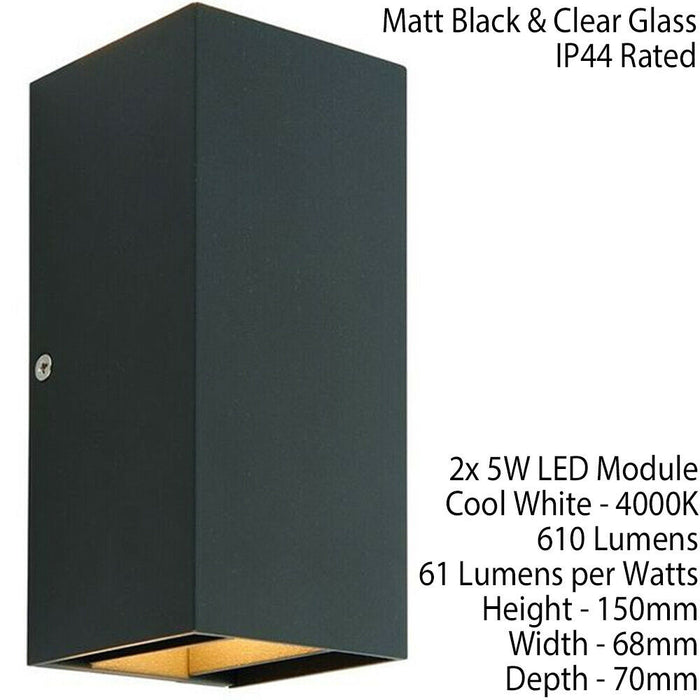 IP44 Outdoor Up & Down Wall Light Matt Black Porch Box Lantern 5W Cool White LED Loops