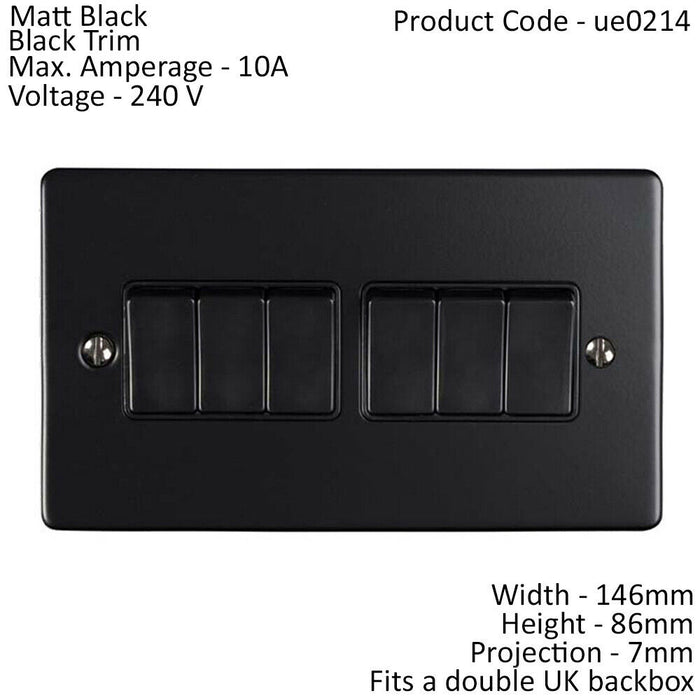 6 Gang Multi Light Switch MATT BLACK 2 Way 10A Black Trim & Metal Rocker Loops