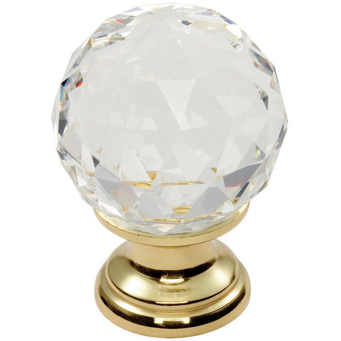 Faceted Crystal Cupboard Door Knob 40mm Dia Polished Brass Cabinet Handle Loops