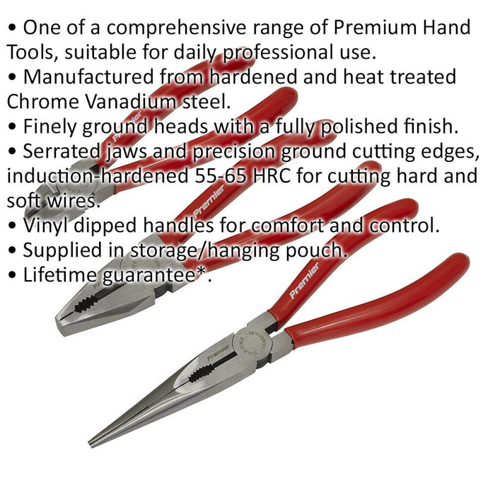 3 Piece Pliers Set - Combination / Long Nose / Side Cutters - Serrated Jaws Loops