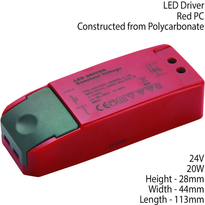 RED 24V DC 20W Constant Voltage LED Driver / Transformer Light Power Converter Loops