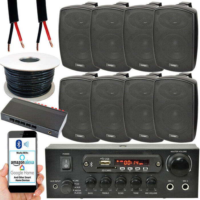4 Zone Outdoor Bluetooth Kit 8x 60W Black Speaker Stereo Amplifier Garden BBQ