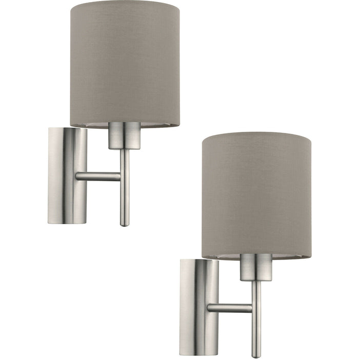 2 PACK Wall Light Colour Satin Nickel Shade Taupe Fabric Rocker Switch E27 60W Loops