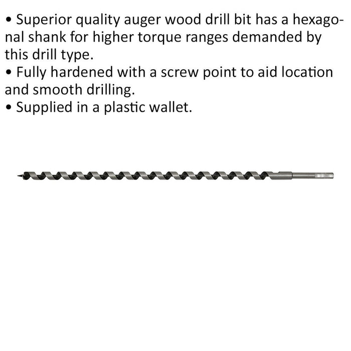 16 x 600mm Hardened Auger Wood Drill Bit - Hexagonal Shank - Woodwork Timber Loops