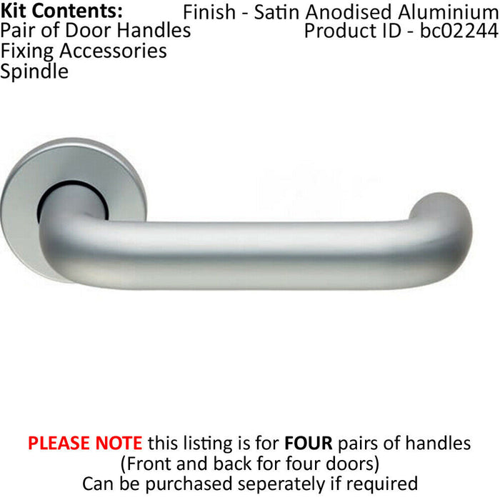 4x PAIR 22mm Round Bar Safety Lever on Round Rose Concealed Fix Satin Aluminium Loops
