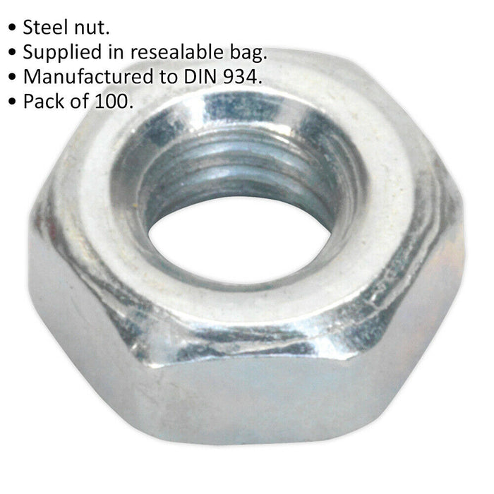 100 PACK - Steel Finished Hex Nut - M4- 0.7mm Pitch - Manufactured to DIN 934 Loops