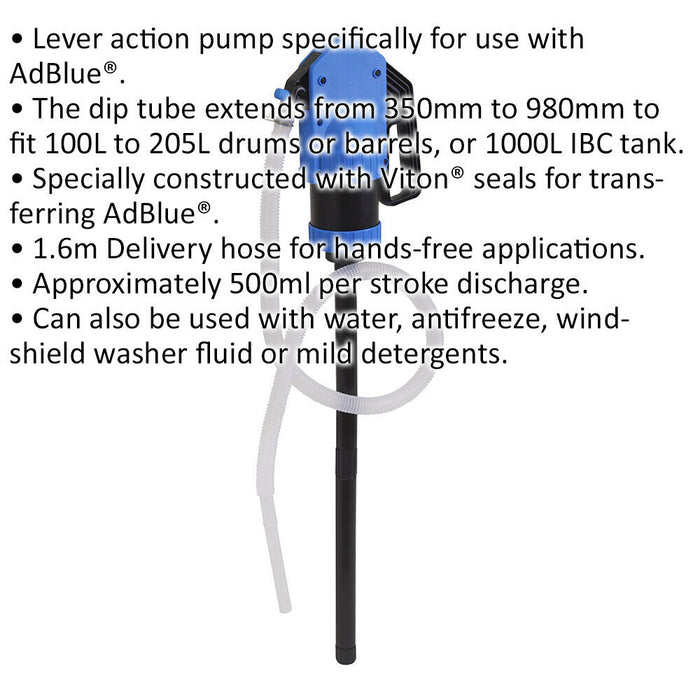 Lever Action AdBlue Pump - 1.6m Delivery Hose - 500ml Per Stroke - Viton Seals Loops