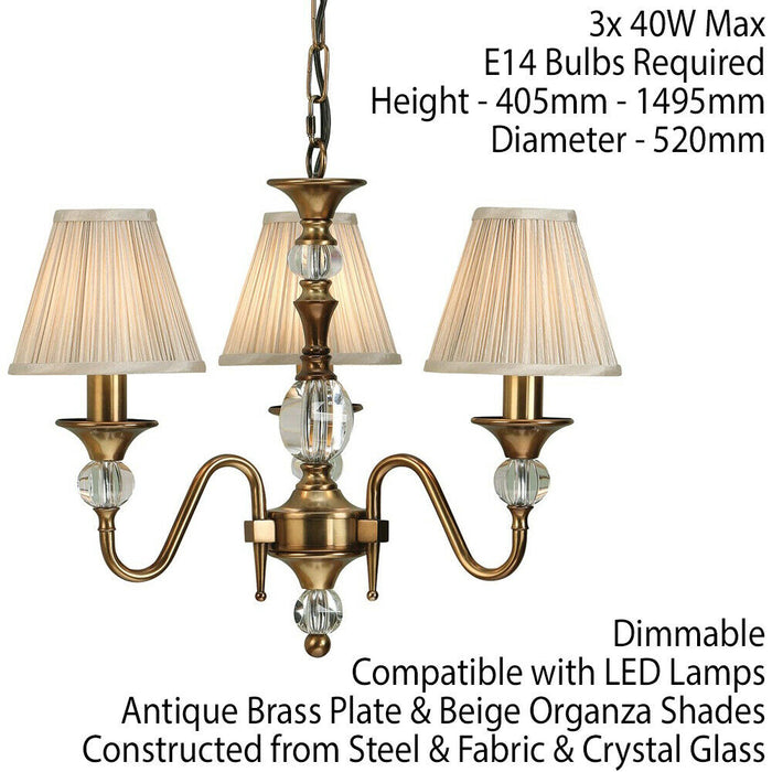 Diana Ceiling Pendant Chandelier Antique Brass & Beige Pleat Shade 3 Lamp Light Loops