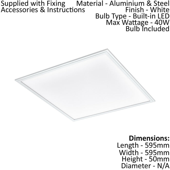 Wall / Ceiling Light White Aluminium 595mm Square Panel 40W Built in LED 4000K Loops