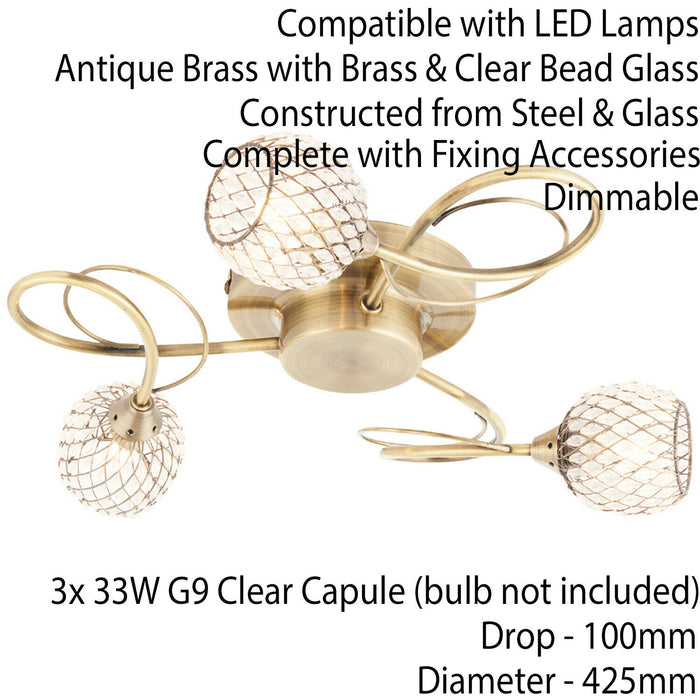 Semi Flush Ceiling Light Brass Glass Beads 3 Bulb Hanging Pendant Lamp Shade Loops