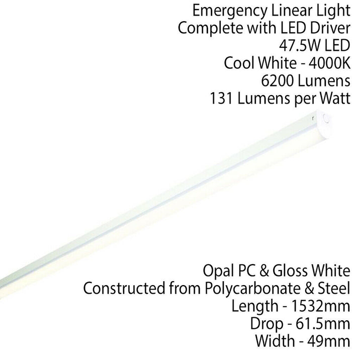 5ft SINGLE LED Ceiling Batten Strip Light 3HR EMERGENCY 47W Cool White 6200Lm Loops
